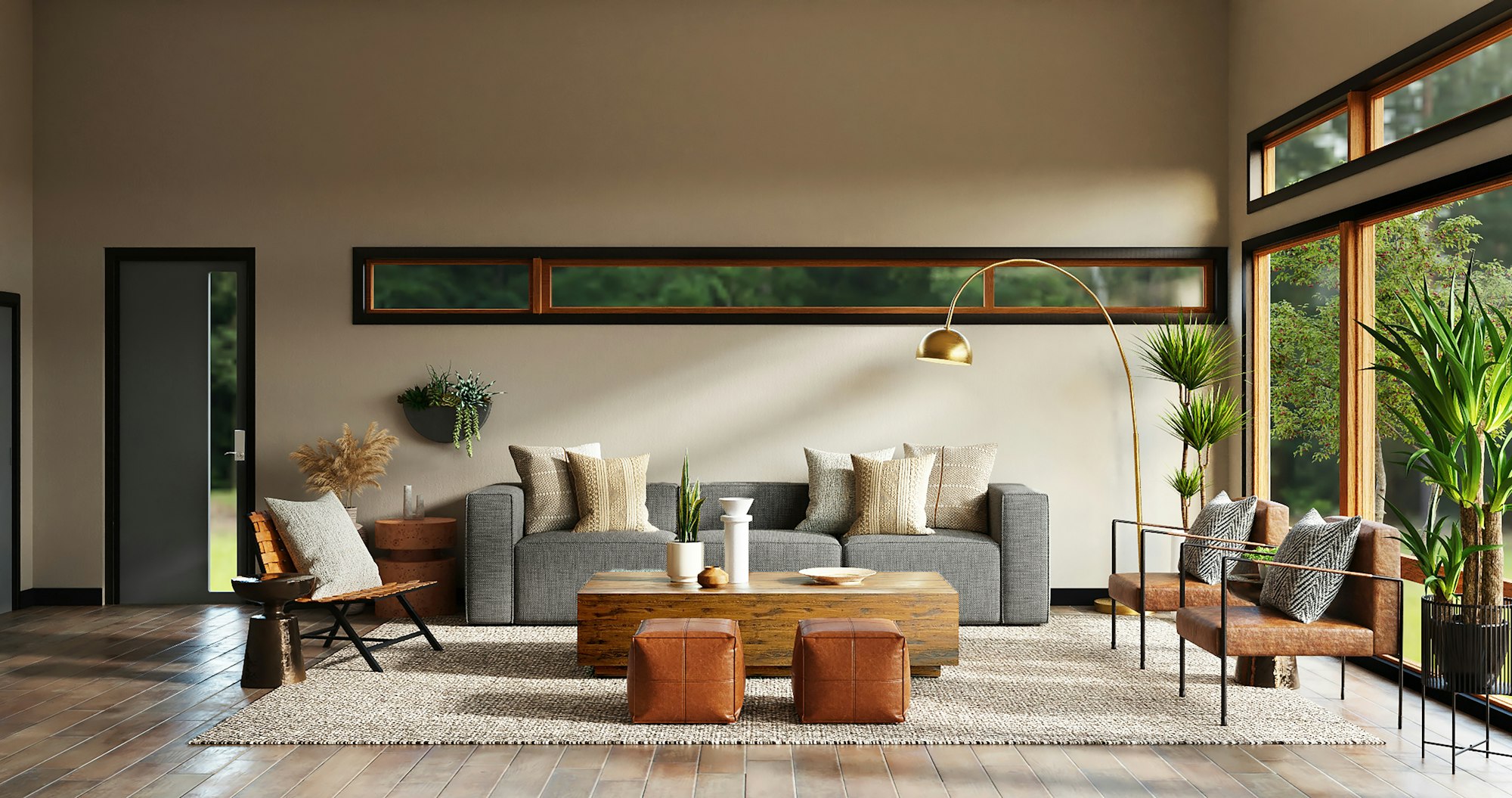 A sunlit contemporary living room with layered neutral upholstery, oak joinery and a sculptural arc floor lamp