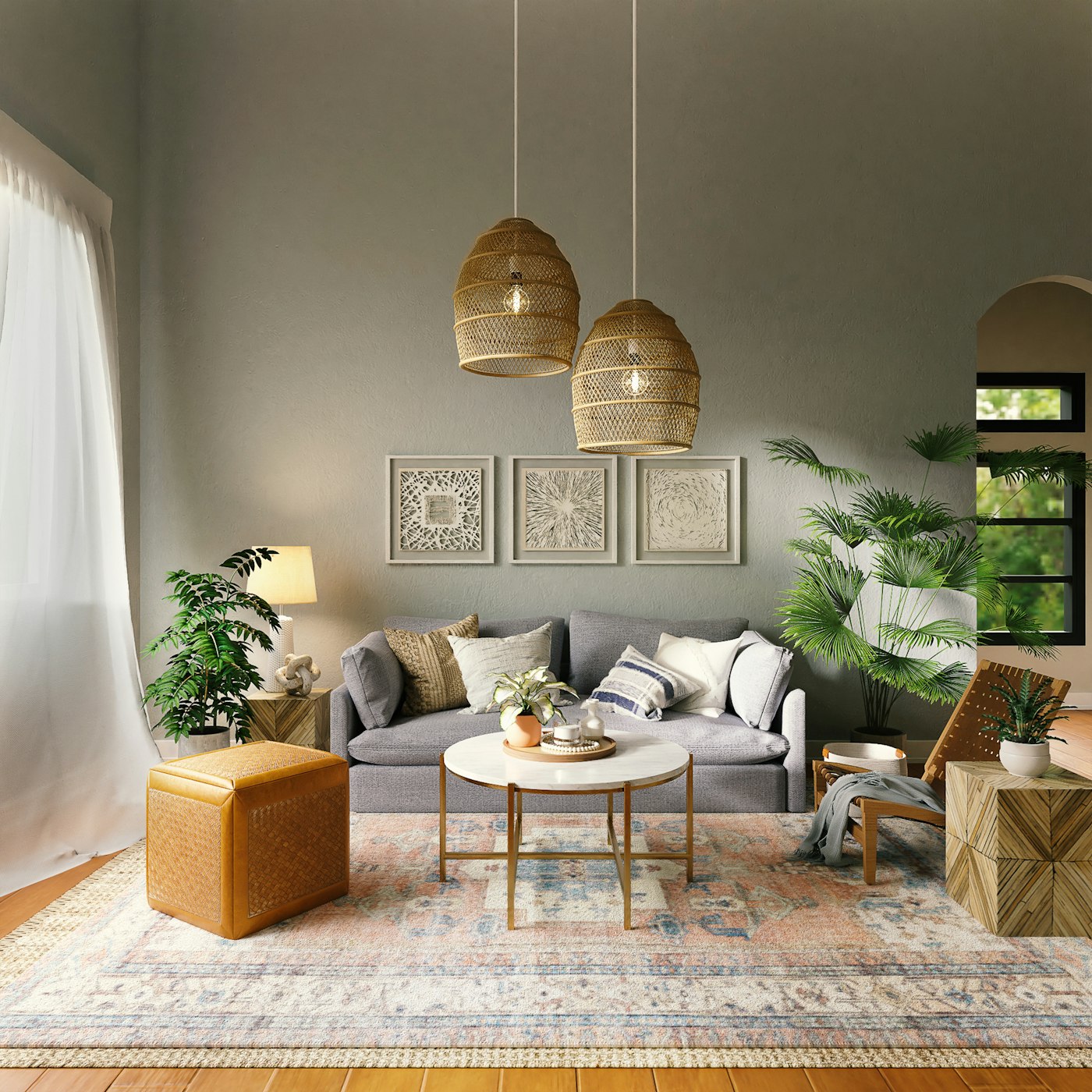 A green-walled lounge with rattan pendants, a linen sofa and a pale patterned rug